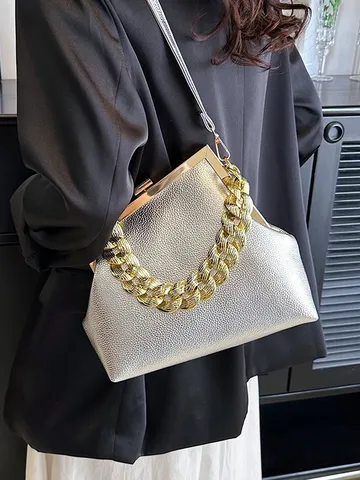 Damen Mode Metallic Litschi Muster PU Leder Umhängetasche Mit Grober Goldkette Klippverschluss Pendler Kleine Quadratische Tasche