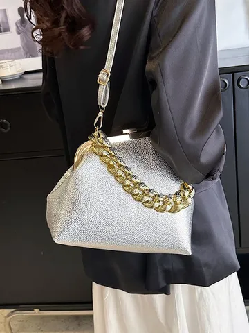 Damen Mode Metallic Litschi Muster PU Leder Umhängetasche Mit Grober Goldkette Klippverschluss Pendler Kleine Quadratische Tasche