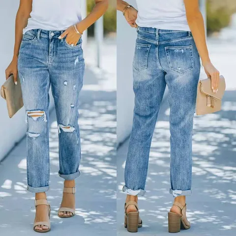 Women's Casual Mid Waist Straight Leg Distressed Jeans Vintage Blue Washed Denim Long Pants For Daily Wear