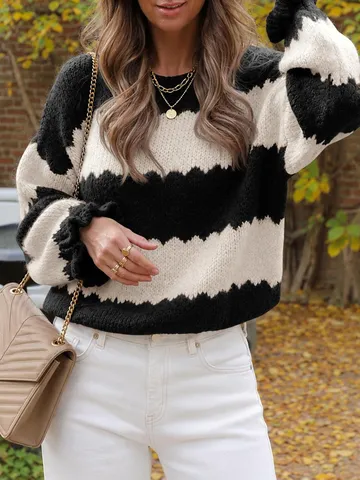 Women's Casual Colorblock Striped Crew Neck Long Sleeve Pullover Knit Sweater