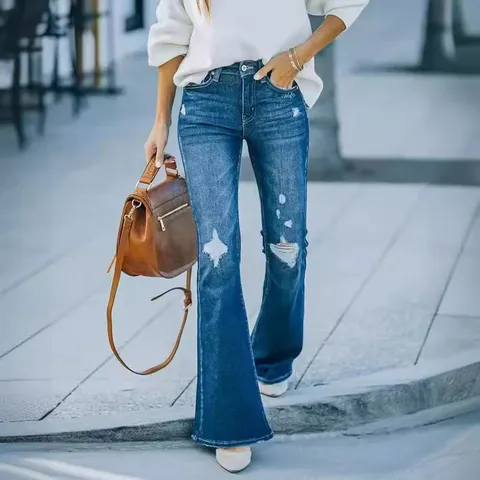 Women's Casual High Waist Stretch Ripped Flare Jeans Solid Color Denim Long Pants