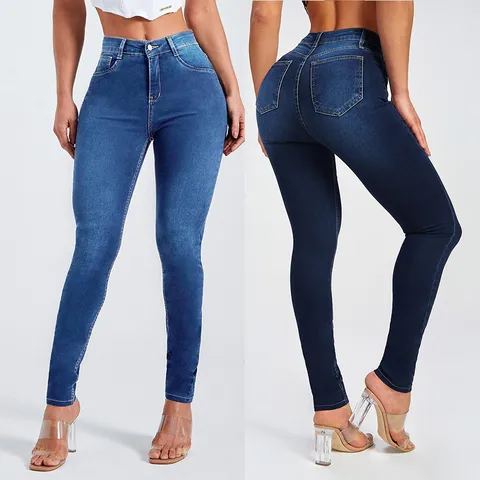 Women High Waist Stretch Skinny Jeans Casual Slim Fit Denim Pants Fashion Streetwear Solid Color Blue Trousers