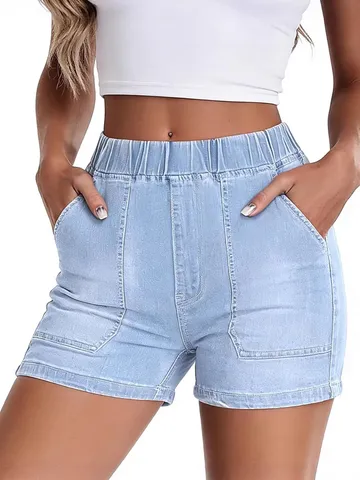 Women Casual High Waist Denim Shorts Summer Loose Fit Stretch Elastic Waist Denim Short Pants Streetwear