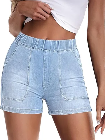 Women Casual High Waist Denim Shorts Summer Loose Fit Stretch Elastic Waist Denim Short Pants Streetwear