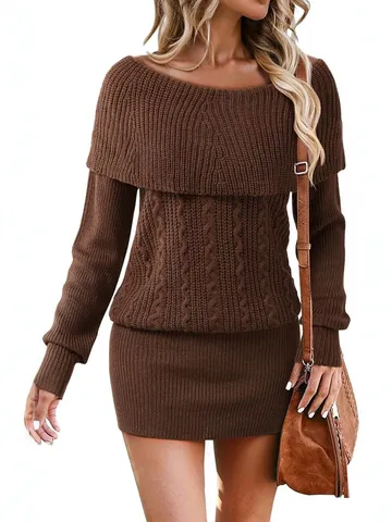 Women's Off Shoulder Long Sleeve Bodycon Knit Dress Solid Color Pullover Sweater Dress