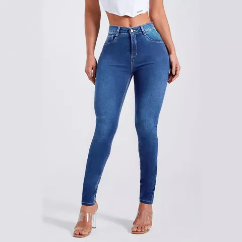 Women High Waist Stretch Skinny Jeans Casual Slim Fit Denim Pants Fashion Streetwear Solid Color Blue Trousers