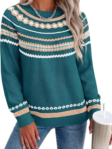 Women's Casual Geometric Color Block Long Sleeve Crew Neck Pullover Sweater Knitted Tops