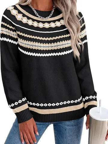 Women's Casual Geometric Color Block Long Sleeve Crew Neck Pullover Sweater Knitted Tops