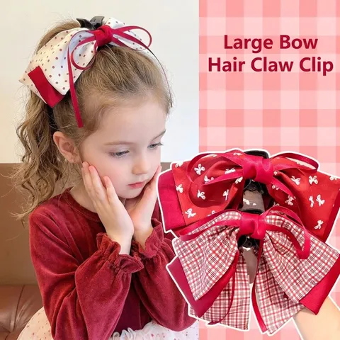 Sweet Kids Girls Fabric Bowknot Hair Claw Cute Red White Polka Dot Plaid Heart Princess Hair Clip Big Shark Jaw Grip Headwear Accessorie