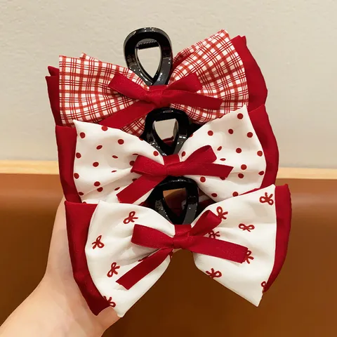 Sweet Kids Girls Fabric Bowknot Hair Claw Cute Red White Polka Dot Plaid Heart Princess Hair Clip Big Shark Jaw Grip Headwear Accessorie