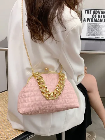 Women Ruched Shell Bag PU Leather Pleated Cloud Bag Gold Thick Chain Strap Shoulder Crossbody Clutch Handbag Elegant Lady