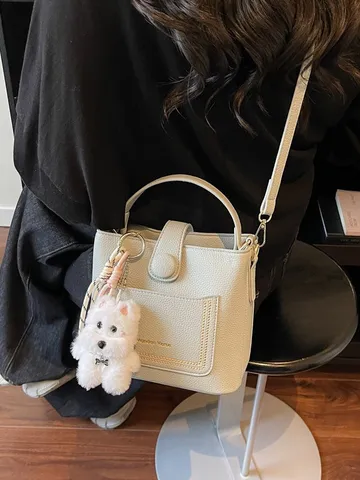 Women's Contrast Color Lychee Pattern Bucket Bag Urban Simple PU Leather Handbag Single Shoulder Crossbody Bag With Charm Scarf
