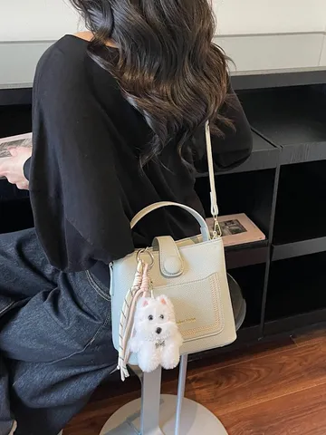 Women's Contrast Color Lychee Pattern Bucket Bag Urban Simple PU Leather Handbag Single Shoulder Crossbody Bag With Charm Scarf