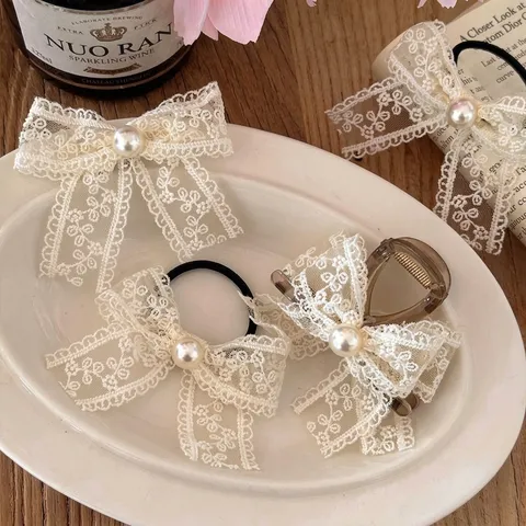 French Vintage Lace Bow Hair Clip Elegant Off-White Hair Accessories With Artificial Pearl For Women Daily Jewelry Gift