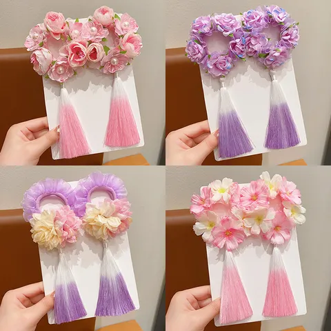 Girls Chinese Style Flower Hair Tie Ancient Hanfu Accessory With Long Tassel Gradient Ribbon Sweet Hair Rope Scrunchie