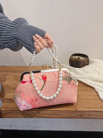 Damen Vintage Stickerei Gewebe Klippverschluss Tasche Mit Künstliche Perle Griff Schmetterling Blumen Abend Clutch Umhängetasche