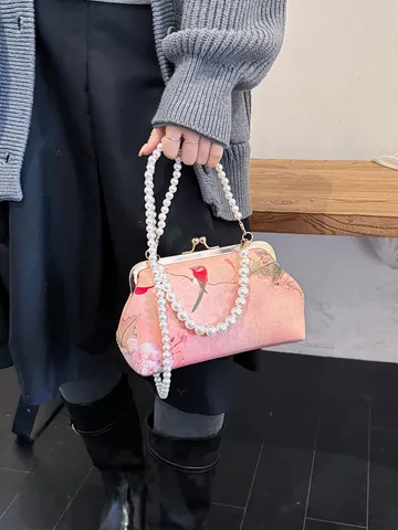 Damen Vintage Stickerei Gewebe Klippverschluss Tasche Mit Künstliche Perle Griff Schmetterling Blumen Abend Clutch Umhängetasche