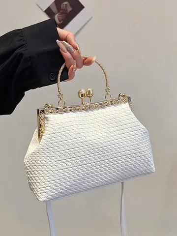 Women's Vintage Woven Texture Soft PU Shell Bag Rhinestone Pearl Clasp Shoulder Bag Retro Kiss-Lock Crossbody Handbag For Daily Party