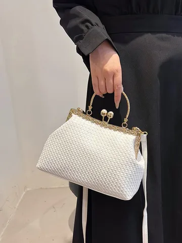 Women's Vintage Woven Texture Soft PU Shell Bag Rhinestone Pearl Clasp Shoulder Bag Retro Kiss-Lock Crossbody Handbag For Daily Party