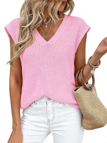 Dames Casual V-hals Effen Kleur Korte Mouw Gebreide Top Pullover Verlaagde Schouder Zomer Mode