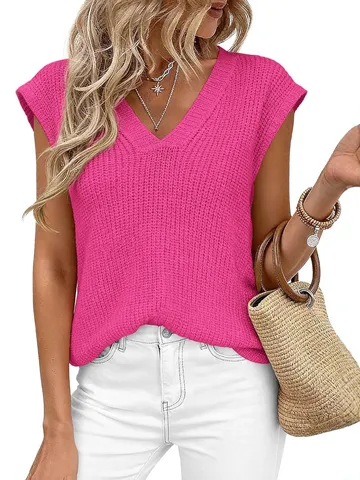 Dames Casual V-hals Effen Kleur Korte Mouw Gebreide Top Pullover Verlaagde Schouder Zomer Mode