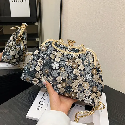 Vintage Jacquard Floral Embroidery Shell Bag Metallic Handle Rhinestone Kiss Lock Closure Evening Party Crossbody Bag