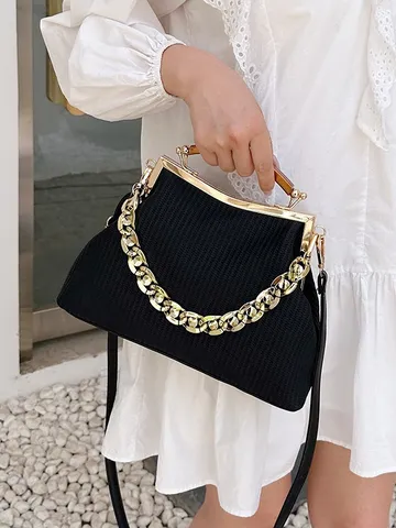 Women Embossed Striped PU Leather Shell Clasp Top Handle Bag Chunky Chain Crossbody Shoulder Bag With Acrylic Handle Purse