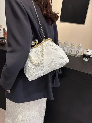 Women Elegant Shell Handbag Pearl Handle Floral Embroidery Mesh Retro Crossbody Bag For Evening Party Shoulder Bag