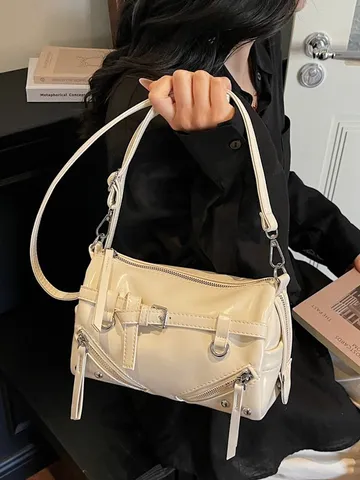 Retro Women PU Leather Pillow Bag Belt Buckle Metal Zipper Detail Rivet Commute Shoulder Underarm Crossbody Bag Fashion Handbag