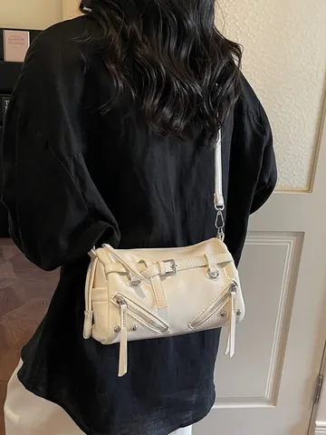 Retro Women PU Leather Pillow Bag Belt Buckle Metal Zipper Detail Rivet Commute Shoulder Underarm Crossbody Bag Fashion Handbag