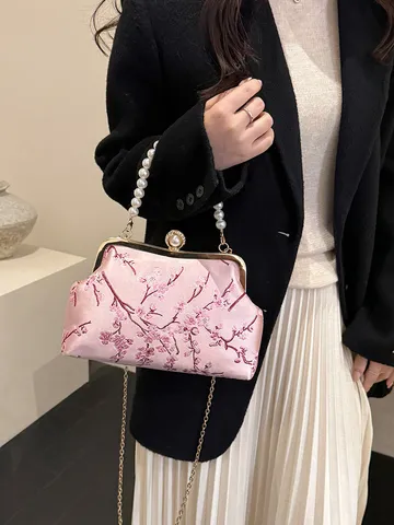 Women Floral Embroidered Evening Bag Pearl Handle Retro Satin Kiss Lock Clutch Bag With Chain Strap Party Wedding Handbag