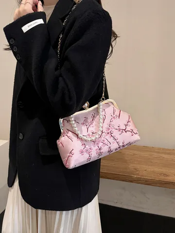 Women Floral Embroidered Evening Bag Pearl Handle Retro Satin Kiss Lock Clutch Bag With Chain Strap Party Wedding Handbag