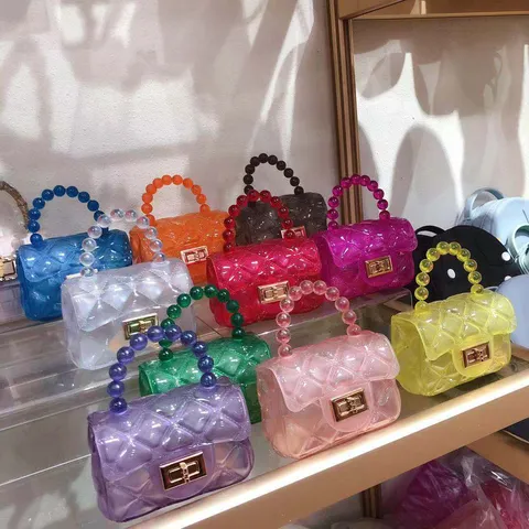 Korean Style Mini Transparent Quilted Jelly Bag For Women PVC Beaded Handle Chain Crossbody Shoulder Bag Candy Color Small Lock Purse