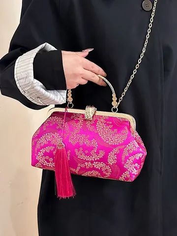 Borsa da Sera in Raso con Ricamo Floreale Stile Vintage Cinese Borsa a Conchiglia con Nappa Catena in Metallo Tracolla per Donna Matrimonio Festa Banchetto