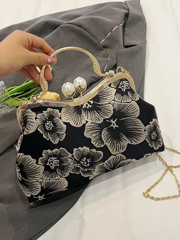 Women Fashion Floral Embroidered Shell Bag Vintage Artificial Pearl Clasp Handbag With Metallic Chain Strap Evening Clutch