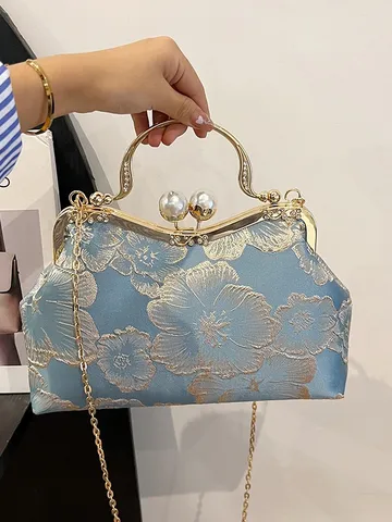 Women Fashion Floral Embroidered Shell Bag Vintage Artificial Pearl Clasp Handbag With Metallic Chain Strap Evening Clutch