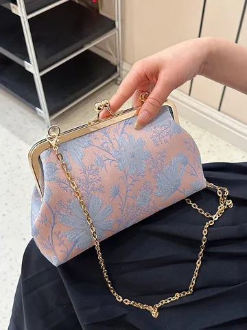 Damen Blumen Stickerei Muschel-Tasche Vintage Kuss-Verschluss Tasche Mode Kette Schultertasche Umhängetasche Nylon Handtasche Party Handtasche