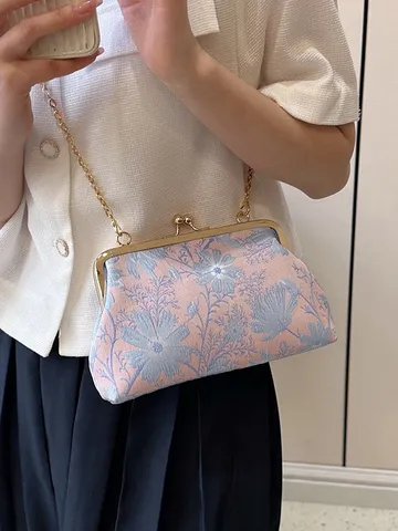 Damen Blumen Stickerei Muschel-Tasche Vintage Kuss-Verschluss Tasche Mode Kette Schultertasche Umhängetasche Nylon Handtasche Party Handtasche