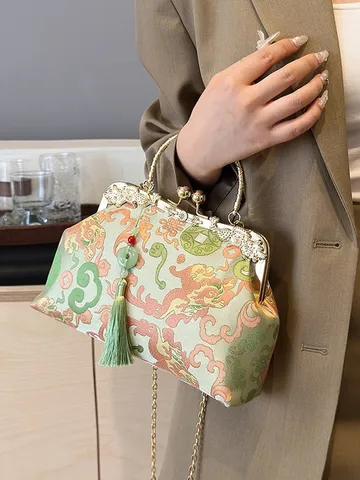 2024 New Embroidered PU Handbag With Tassel Retro Chinese Style Lucky Cloud Pattern Chain Crossbody Bag For Women