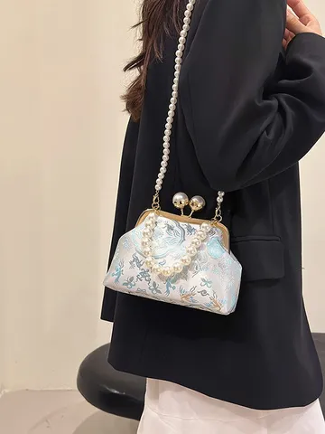 Borsa a Conchiglia in Raso Ricamato Nuovo Stile Cinese Per Donna Con Manico in Perla Artificiale Borsa da Sera Vintage