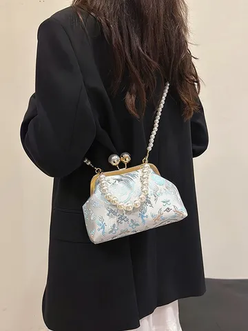 Borsa a Conchiglia in Raso Ricamato Nuovo Stile Cinese Per Donna Con Manico in Perla Artificiale Borsa da Sera Vintage