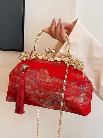 Damen Vintage Stickerei Abendtasche Elegante Landschaftsmuster Clutch Umhängetasche Mit Goldkette Quaste Schmetterlingsverzierung