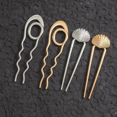 Minimalist Zinc Alloy U-Shaped Hair Stick For Women Wave Hammered Scallop Shell Hair Fork Retro Bun Hair Pin Accessory