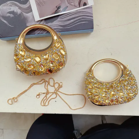 Mini Mond Abendtasche Luxus Strass Metallische Clutch Tasche Für Damen Mondförmige Party Bankett Handtasche Mit Kette