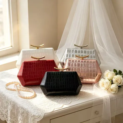 Women Hexagonal Crocodile Pattern Evening Bag PU Leather Clutch With Metal Clasp Elegant Vintage Wedding Banquet Purse