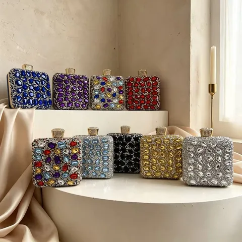 Luxury Rhinestone Evening Clutch Bag For Women Full Diamond Sparkling Formal Party Handbag Square Hard Shell Banquet Purse