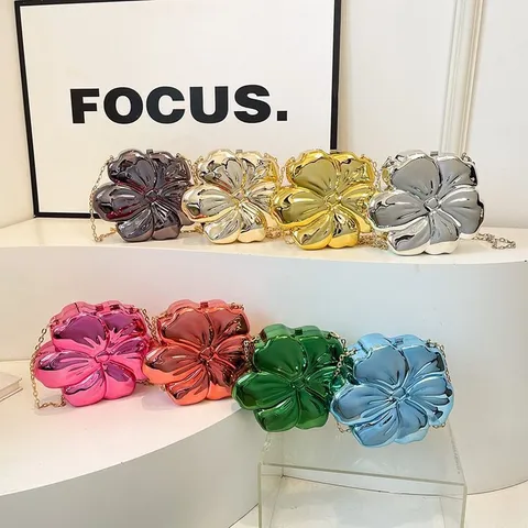 Acrylic Flower Shaped Evening Bag For Women Vintage Metal Mirror Finish Shoulder Bag Party Banquet Chain Crossbody Bag