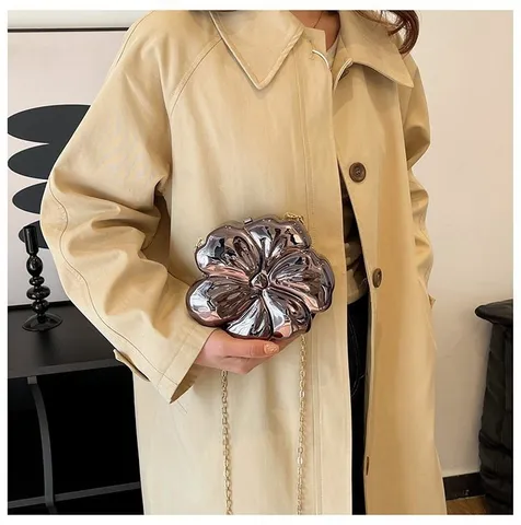 Acrylic Flower Shaped Evening Bag For Women Vintage Metal Mirror Finish Shoulder Bag Party Banquet Chain Crossbody Bag