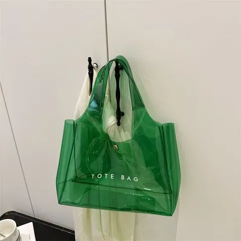 Μεγάλης Χωρητικότητας Διαφανής PVC Jelly Τσάντα Tote Αδιάβροχη Καλοκαιρινή Τσάντα Παραλίας Μόδα Γράμματα Εκτύπωση Τσάντα Ώμου για Γυναίκες Διακοπές