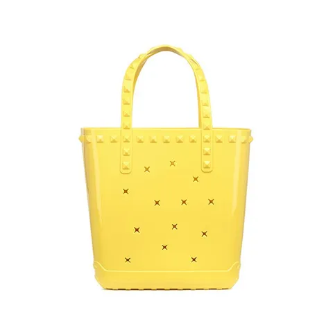 Women Fashion PVC Hollow Out Jelly Handbag Rivet Beach Tote Bag Small Crowd Design Basket Bag Every Day Casual Tote
